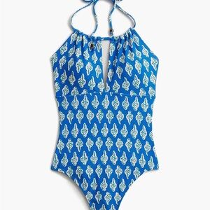 J. Crew Factory Blue Printed halter one piece swimsuit- Size M NWT